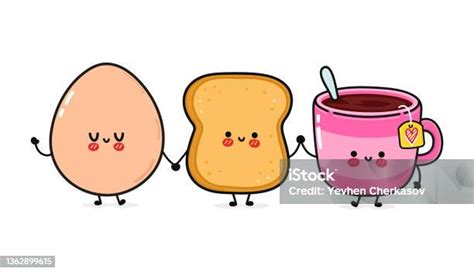 Cute Funny Happy Toast Eggs And Cup Of Tea Vector Hand Drawn Cartoon