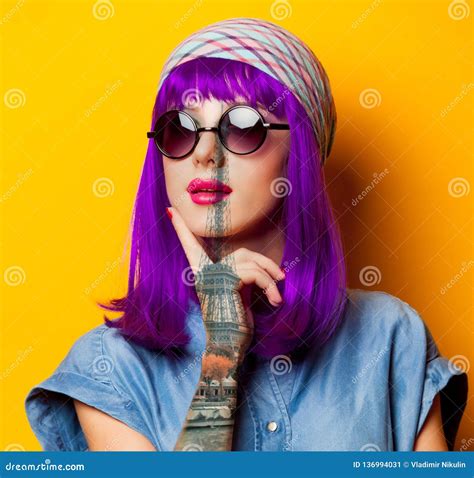Young Girl With Purple Hair And Sunglasses Stock Image Image Of Idea