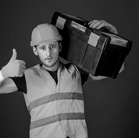 Worker Repairer Repairman Builder On Confident Face Carries Toolbox