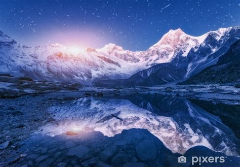 Night Scene With Himalayan Mountains And Mountain Lake At Starry Night