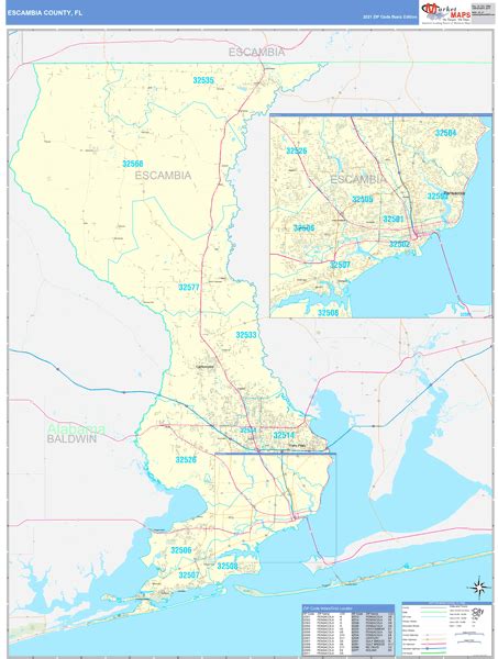 Escambia County Fl Zip Code Wall Map Basic Style By Marketmaps Mapsales