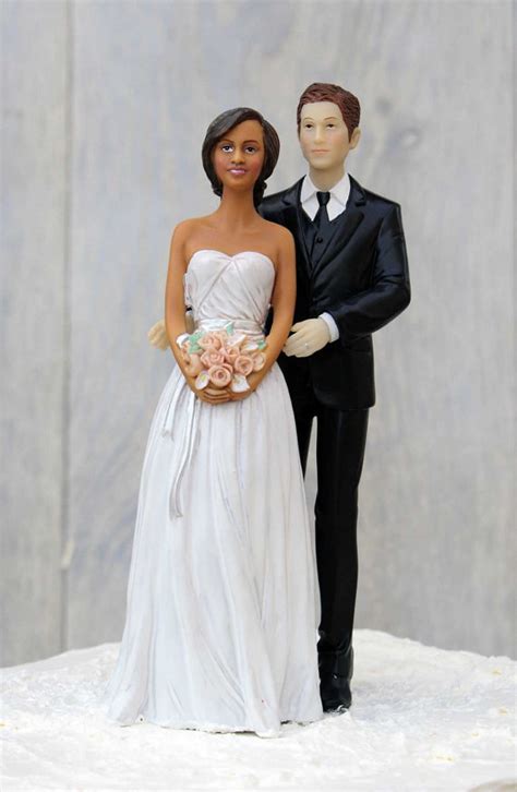 Chic Interracial Wedding Cake Topper African American Bride Caucasian Groom Custom Painted
