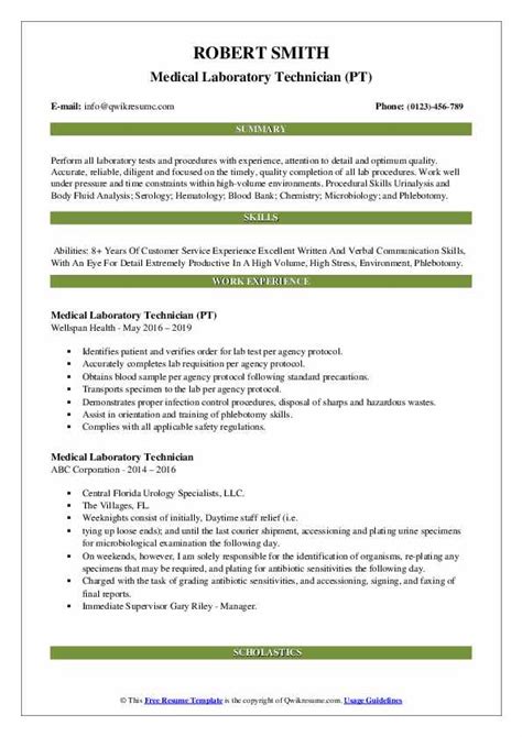 Download free medical technician resume sample for profession laboratory technician. Medical Laboratory Technician Resume Samples | QwikResume