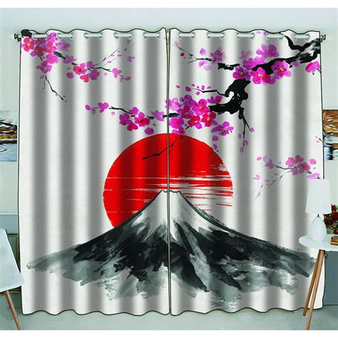 Phfzk Japanese Window Curtain Sakura Cherry Trees Mountain Fuji Under