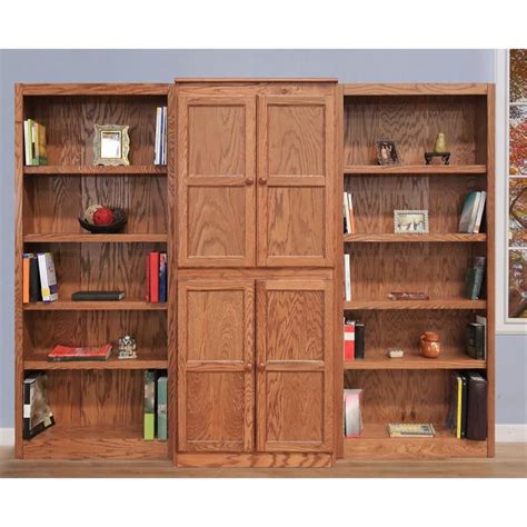 Traditional 72 Tall 15 Shelf Wood Bookcase Wall With Doors In Dry Oak