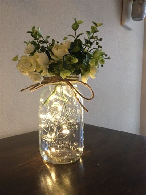 Quart Size Mason Jar With Fairy Lights And Flowers Mason