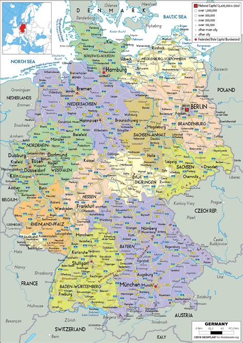 Nemčija Politični Zemljevid Zemljevid Nemčije In Sosednjih Držav