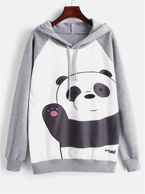 Raglan Sleeve Panda Graphic Fleece Lined Hoodie Multi Spon Panda