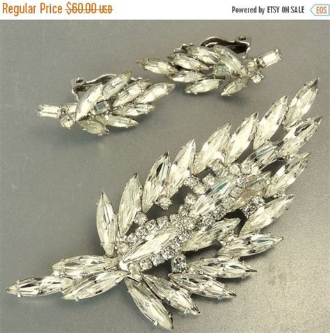 Vintage Weiss Rhinestone Feather Brooch And Earrings Marquise Etsy
