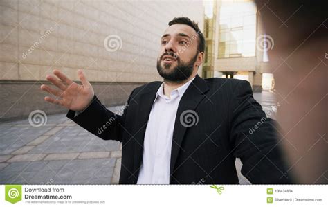 Young Bearded Businessman Talking Smartphone Having Online Video Chat