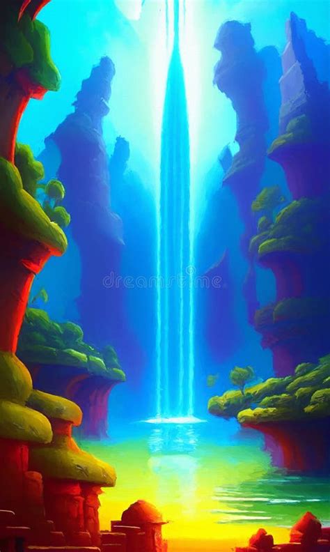 Magical Waterfall Digital Art Stock Illustration Illustration Of