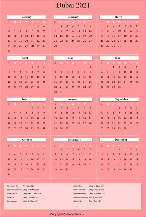 Printable Dubai Calendar 2021 With Holidays Public Holidays