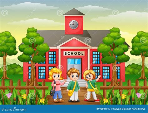 Happy School Children Standing In Front Of School Building Cartoon