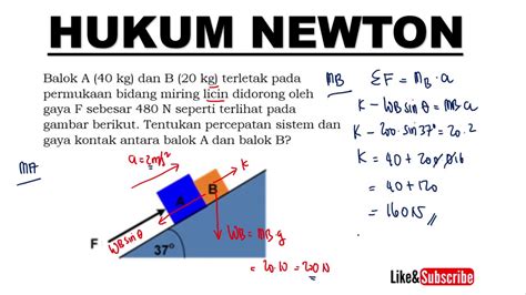 Menghitung Gaya Kontak Dan Percepatan Balok Pada Bidang Miring Hukum Newton Fisika SMA Kelas