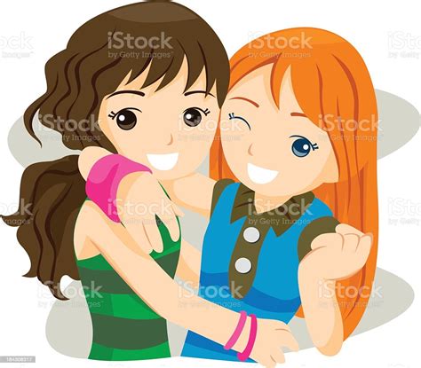 Two Smiling Best Friends Sharing A Hug Stock Illustration Download