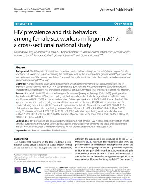 pdf hiv prevalence and risk behaviors among female sex workers in togo in 2017 a cross