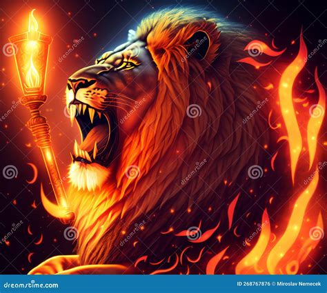 Roaring Lion With Flames Generative Ai Illustration Stock Photo