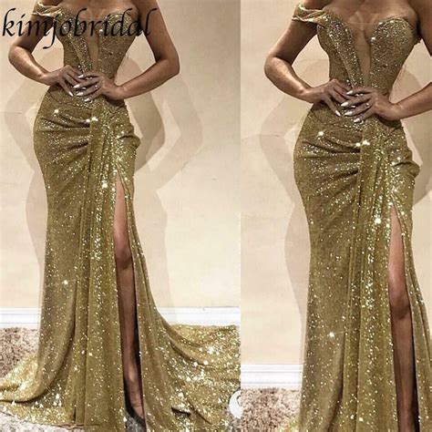 Gold Sequin Evening Dresses Mermaid Evening Dress Off Shoulder Prom
