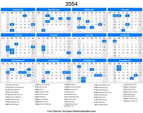 2054 Calendar