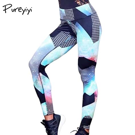 pureyiyi 2018 fitness leggings women blue leggins plaid print workout pants push up high waist