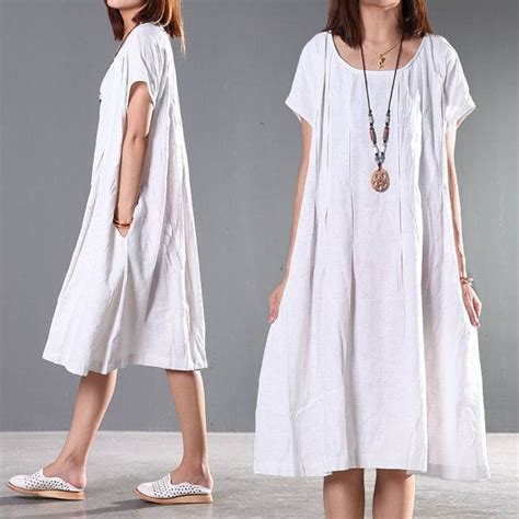 Loose Fitting Midi Dress Summer Dress In Whiteshort Sleeve Etsy