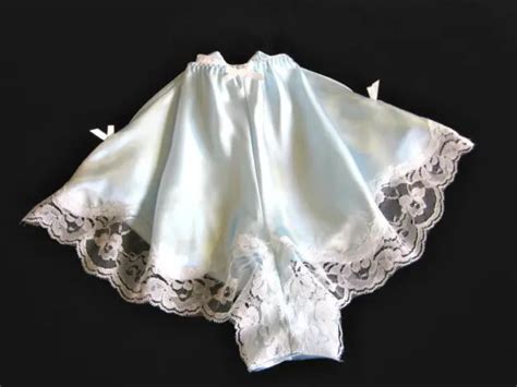 Pale Blue Satin French Knickers M White Lace Slinky Vintage Style
