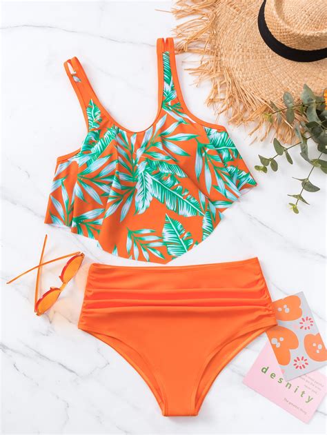 Tropical Print Hanky Hem High Waisted Bikini Swimsuit Shein Usa