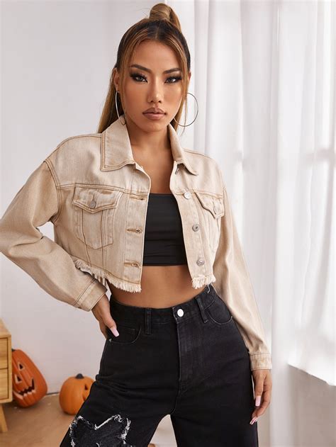 raw hem flap pocket crop denim jacket