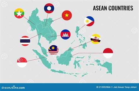 Vector Illustration Of 10 Asean Countries Map And Round Flag Malaysia