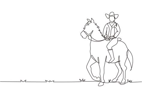 Single Continuous Line Drawing Cowboy Riding Standing Horse At Desert