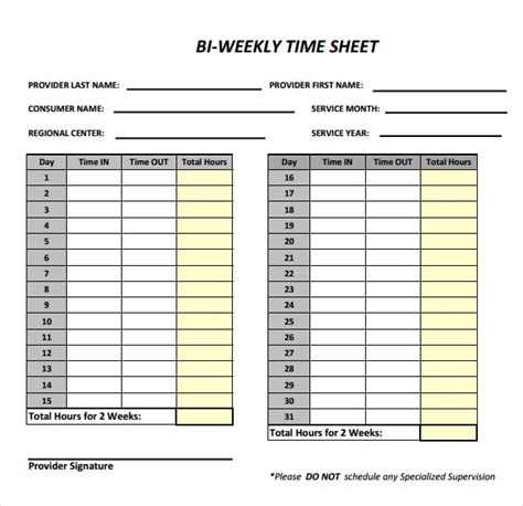 Bi Weekly Timesheet Template Free Word Excel Pdf Documents