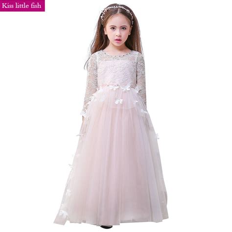 Free Shipping Long Lace Sleeve Flower Girl Dresses Wedding Dress For
