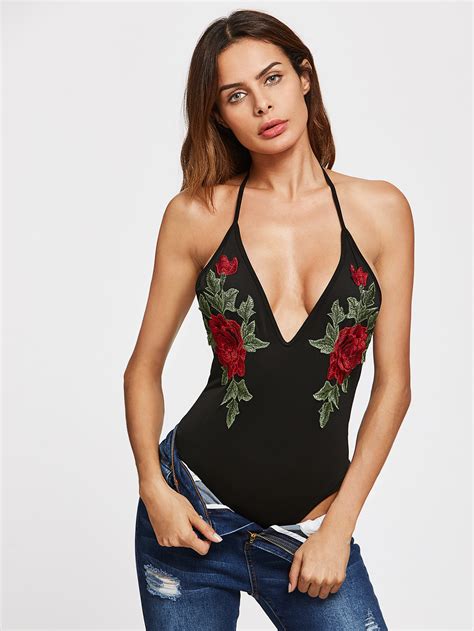 Plunging Backless Bodysuit With Embroidered Applique SheIn Sheinside