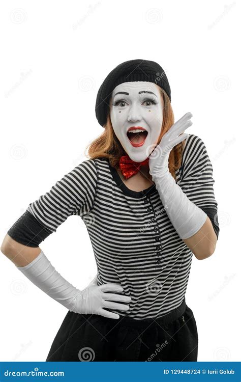 Happy Female Mime On White Stock Photo Image Of Gesture 129448724