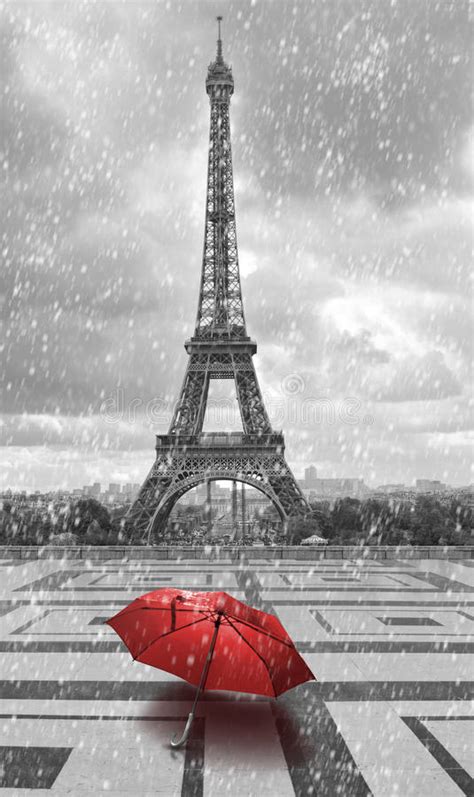 Eiffel Tower In The Rain Black And White Photo With Red