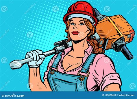 Pop Art Women Road Worker Builder With Jackhammer Stock Vector Illustration Of Element