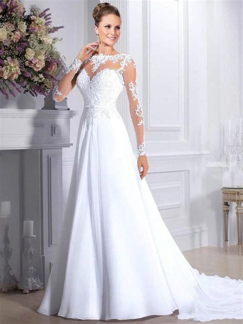 Elegant Wedding Dresses Long Sleeve 2015 Chiffon Illusion Applique