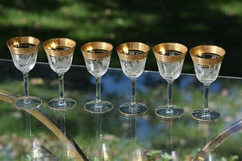 Vintage Gold Rim Encrusted And Etched Wine Cordials Set Of 6 Vintage Gold Rimmed Small Liquor