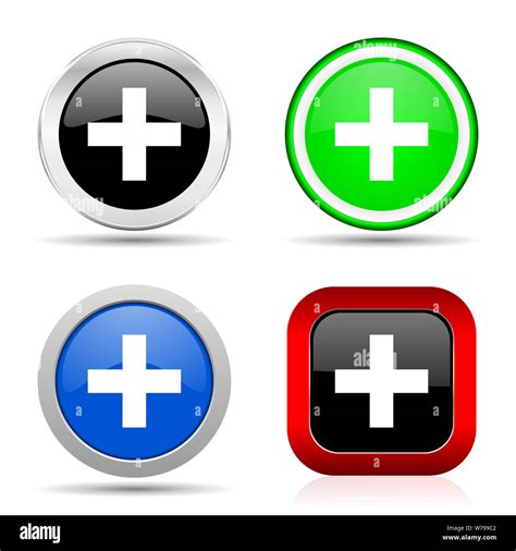 Plus Red Blue Green And Black Web Glossy Icon Set In 4 Options Stock