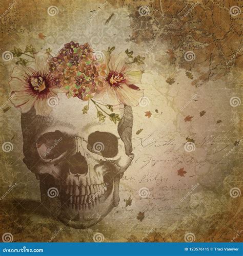 Vintage Ephemera And Rose Skull Background Goth Macabre Halloween