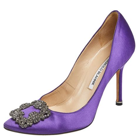 Manolo Blahnik Purple Satin Hangisi Crystal Embellished Pointed Toe