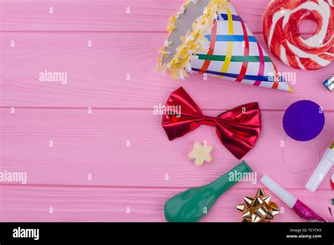 Birthday Party Accessories On Color Background Stock Photo Alamy