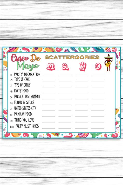 Cinco De Mayo Scattergories Game Printable Kids Word Activity Sheet