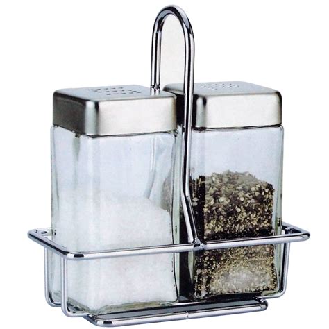 Salt And Pepper Glass Shakers Stainless Steel Lid And Wire Rack Stand