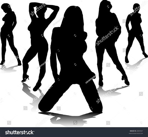 Five Sexy Women In Black Silhouette With A Drop Shadow Stock Vector