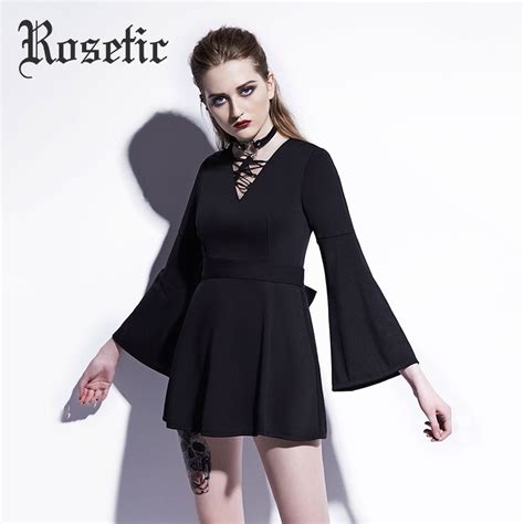 Free Shipping Buy Best Rosetic Gothic Mini Dress Black Lace Up Flare Sleeve Women Casual