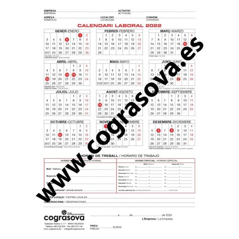 Calendario Laboral 2022 Formato A4 Cograsova Shop