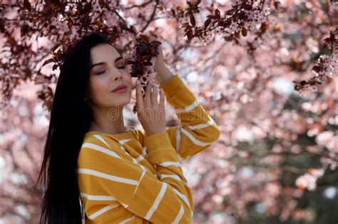 Pretty Young Woman Near Beautiful Blossoming Trees Stylish Spring Look Stock Image Image Of