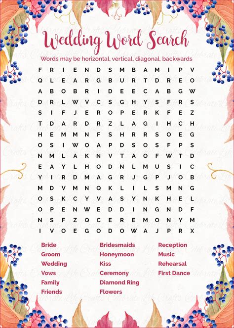 Wedding Word Search Fall Bridal Shower Game Falling In