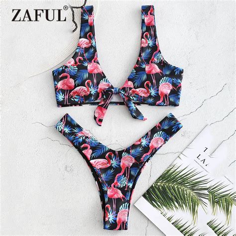 Zaful Flamingo Bikini Swimwear Women High Cut Swimsuit Sexy Plunging Neck Padded Thong Bikini